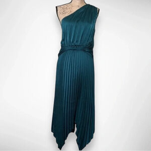 NWT‎ Asymmetrical Pleated One Shoulder Satin Teal  Dress | Medium
